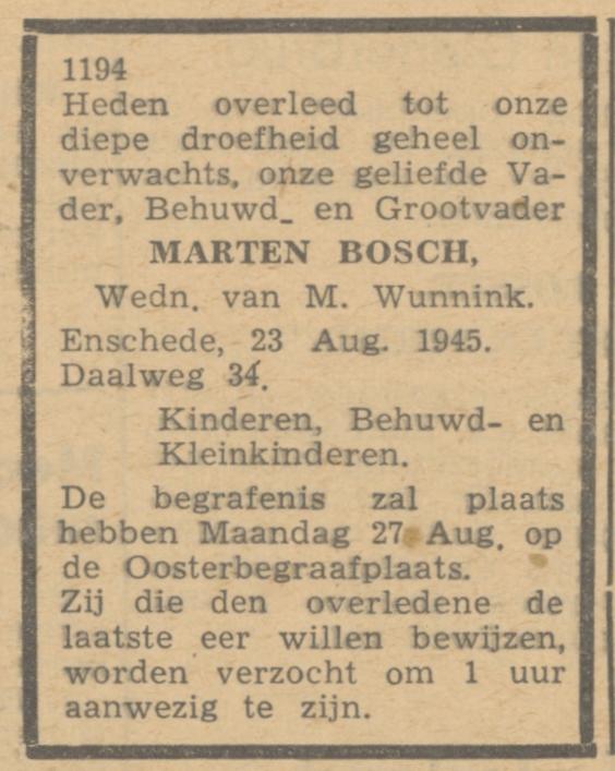 Daalweg 34 Marten Bosch overlijdensadvertentie De Waarheid 25-8-1945.jpg
