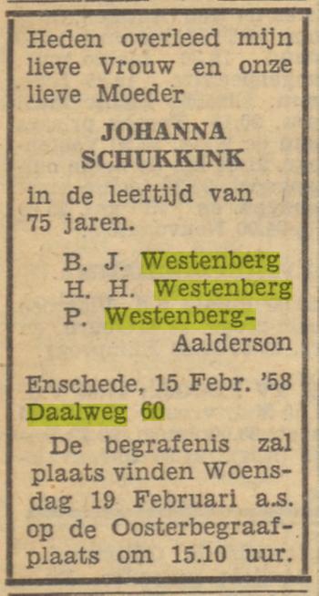 Daalweg 60 J. Westenberg-Scgukking overlijdensadvertentie Tubantia 17-2-1958.jpg
