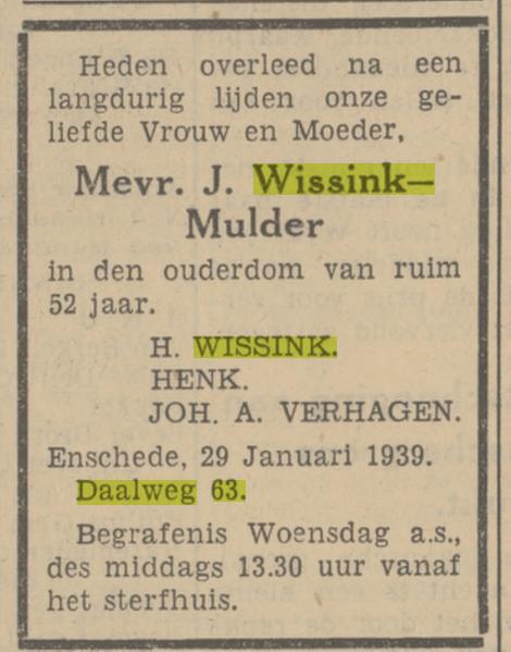 Daalweg 63 J. Wissink-Mulder overlijdensadvertentie Tubantia 30-1-1939.jpg