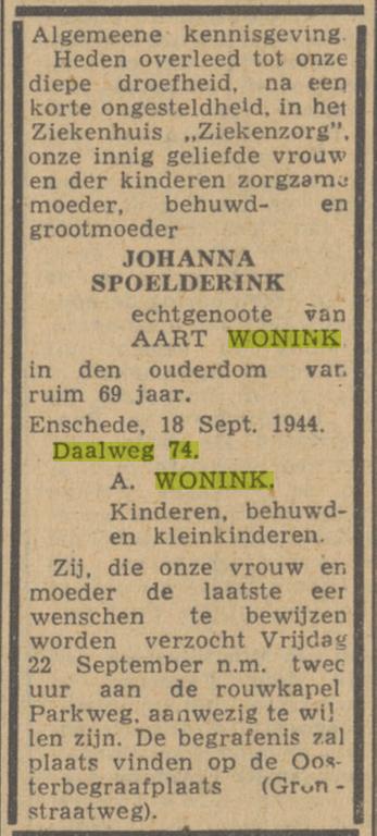 Daalweg 74 J. Wonink-Spoelderink overlijdensadvertentie Twentsch nieuwsblad 20-9-1944.jpg