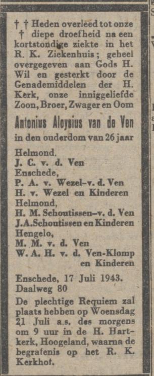 Daalweg 80 A.A. van de Ven overlijdensadvertentie 19-7-1943.jpg