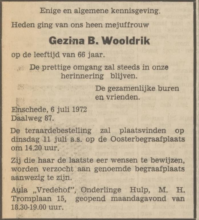 Daalweg 87 G.B. Wooldrik overlijdensadvertentie Tubantia 7-7-1972.jpg
