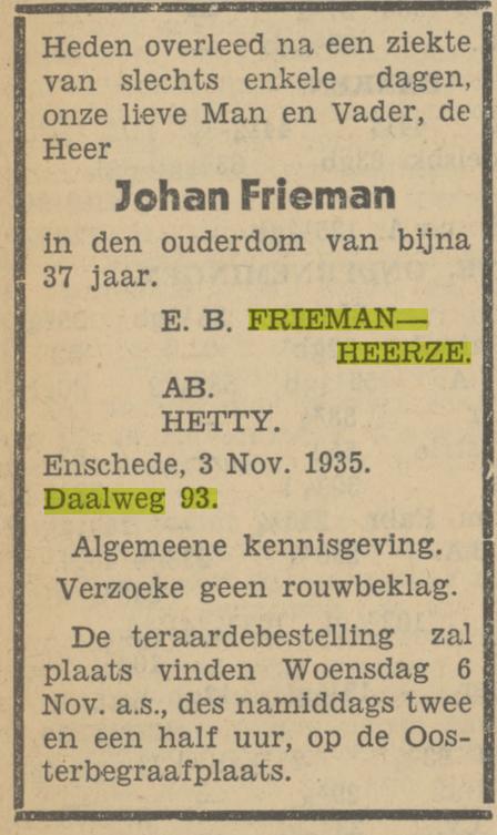 Daalweg 93 Johan Frieman overlijdensadvertentie Tubantia 4-11-1935.jpg