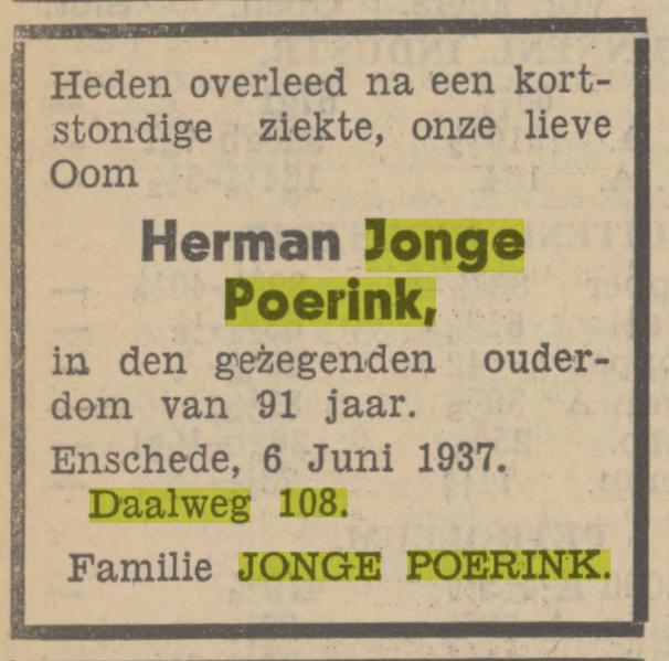 Daalweg 108 Herman Jonge Poerink overlijdensadvertentie Tubatia 7-6-1937.jpg
