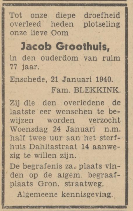 Dahliastraat 14 Jacob Groothuis overlijdensadvertentie Tubantia 22-1-1940.jpg