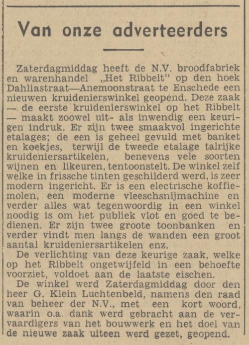 Dahliastraat 42 hoek winkel Het Ribbelt G. Klein Luchtenbeld krantenbericht Tubantia 19-12-1938.jpg