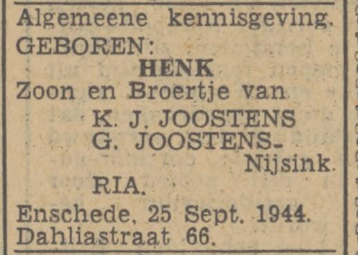 Dahliastraat 66 K.J. Joostens advertentie Twentsch nieuwsblad 26-9-1944.jpg