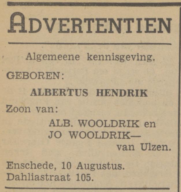 Dahliastraat 105 A. Wooldrik advertentie Tubantia 12-8-1940.jpg