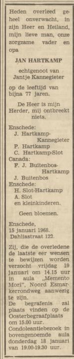 Dahliastraat 122 Jan Hartkamp overlijdensadvertentie Tubantia 17-1-1968.jpg