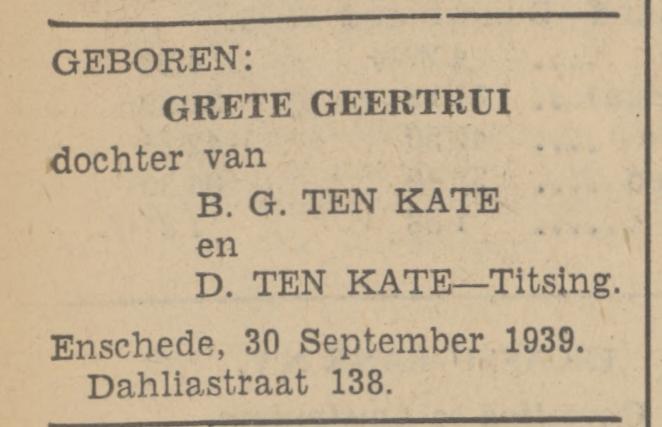 Dahliastraat 138 B.G. ten Kate advertentie Tubantia 2-1-1939.jpg