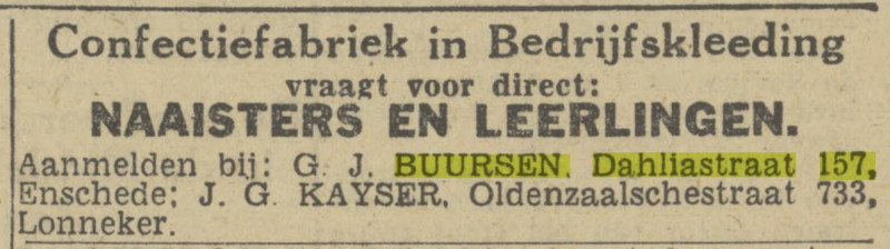 Dahliastraat 157 G.J. Buursen advertentie Twentsch nieuwsblad 4-8-1943.jpg