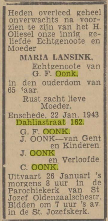 Dahliastraat 162 M. Oonk-Lansink overlijdensadvertentie Twentsche Courant 25-1-1943.jpg