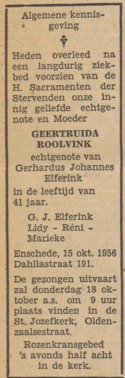 Dahliastraat 191 G. Elferink-Roolvink overlijdensadvertentie Tubantia 16-10-1956.jpg