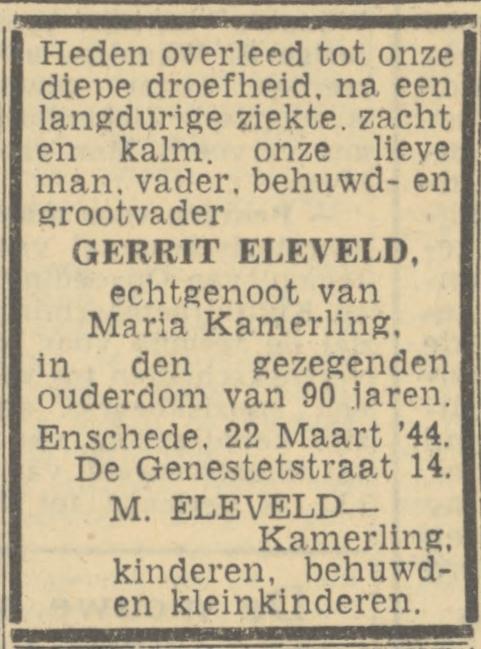 De Genestetstraat 14 Gerrit Eleveld overlijdensadvertentie Twentsch nieuwsblad 23-3-1944.jpg