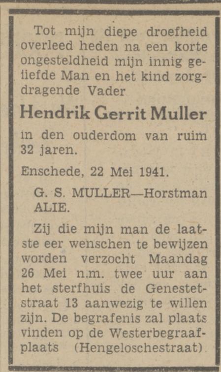 De Genestetstraat 13 H.G. Muller overlijdensadvertentie Tubantia 23-5-1941.jpg