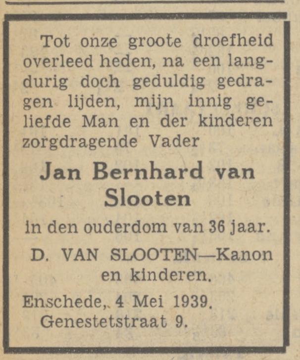 De Genestetstraat 9 J.B. van Slooten overlijdensadvertentie Tubantia 4-5-1939.jpg