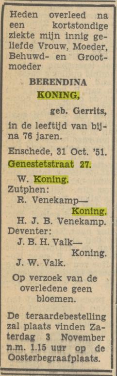 De Genestetstraat 27 B. Koning-Gerrits overlijdensadvertentie Tubantia 1-11-1951.jpg