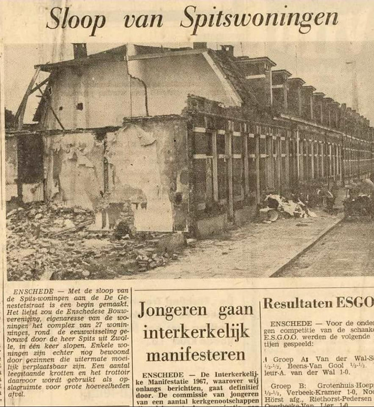 De Genestetstraat 36-48 sloop totaal 27 spitswiningen rond 1900 gebouwd. krantenfoto Tubantia 15-3-1967.jpg