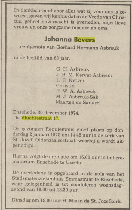 De Vluchtestraat 17 Johanna Bevers overlijdensadvertentie Tubantia 31-12-1974.jpg