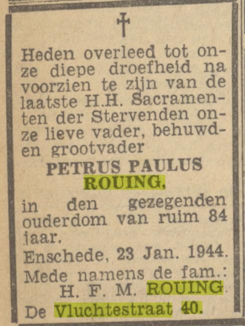 De Vluchtestraat 40 P.P. Rouing overlijdensadvertentie Twentsch nieuwsblad 24-1-1944.jpg