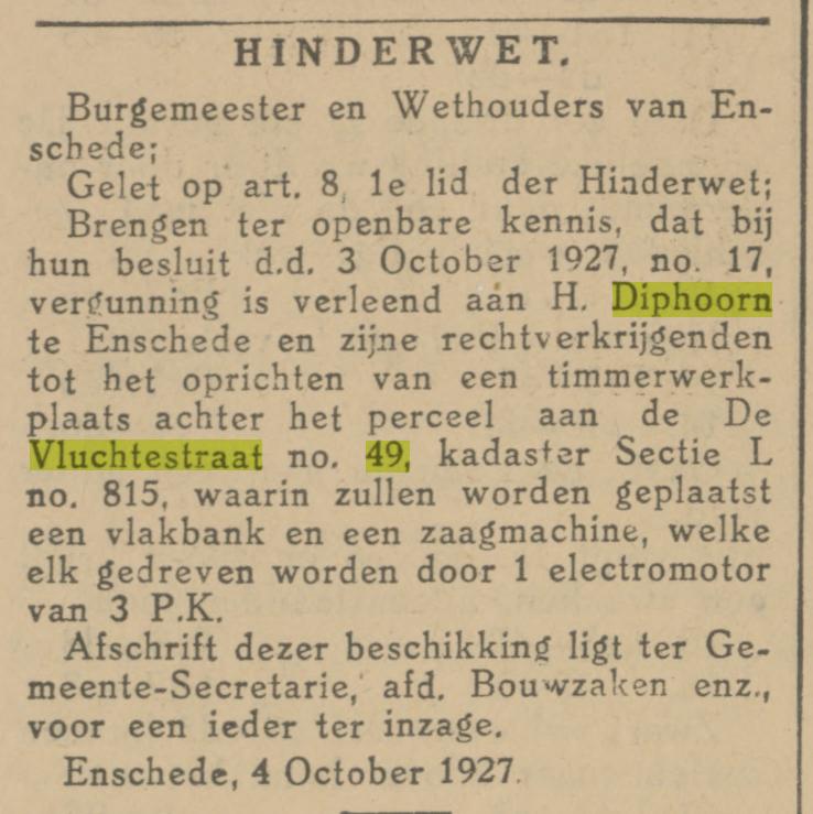 De Vluchtestraat 49 H. Diphoorn krantenbericht Tubantia 5-10-1927.jpg