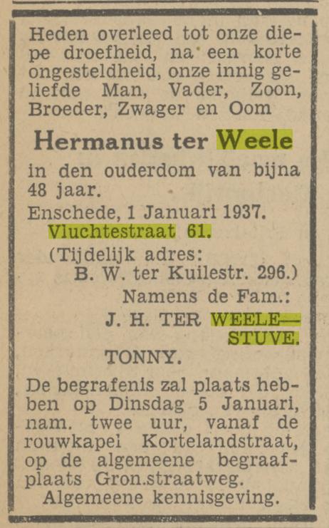 De Vluchtestraat 61 Hermanus ter Weel overlijdensadvertentie Tubantia 2-1-1937.jpg