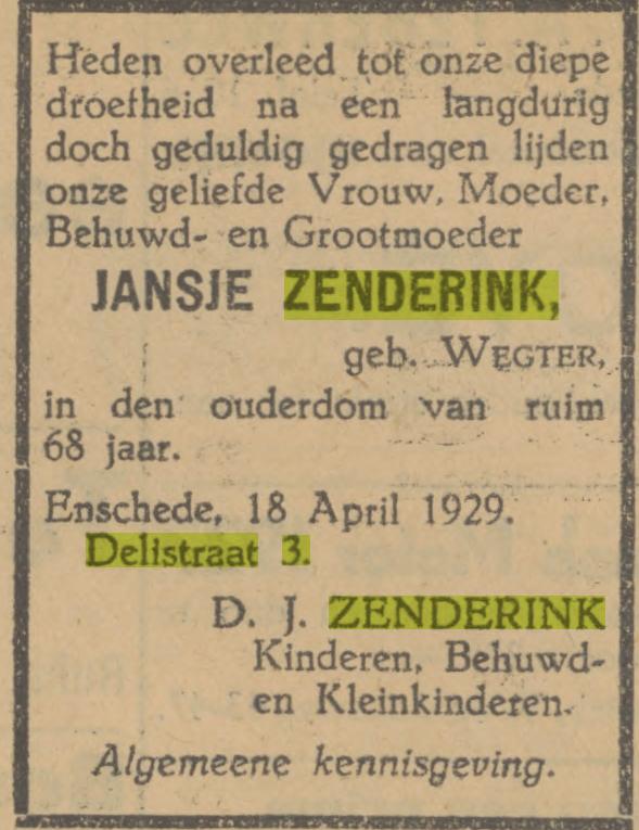 Delistraat 3 J. Zenderink-Wegter overlijdensadvertentie Tubantia 18-4-1929.jpg