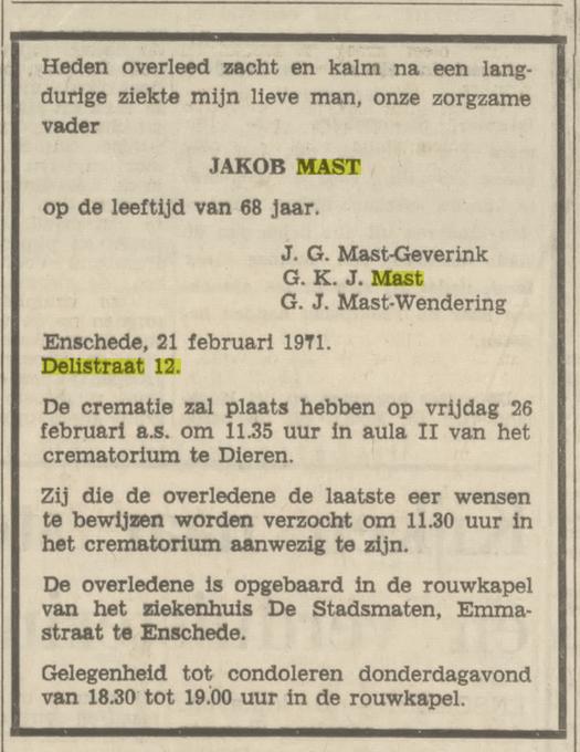 Delistraat 12 Jakob Mast overlijdensadvertentie Tubantia 22-2-1971.jpg