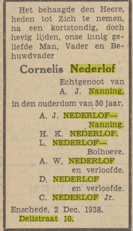 Delistraat 10 Cornelis Nederlof overlijdensadvertentie Tubantia 2-12-1938.jpg
