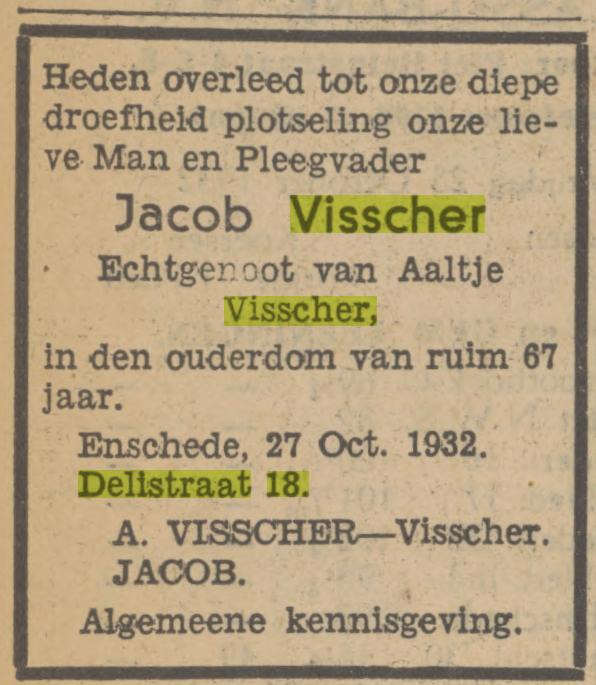 Delistraat 18 Jacob Visscher overlijdensadvertentie Tubantia 28-10-1932.jpg