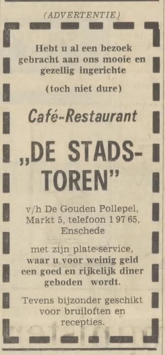 Markt 5 cafe restaurant De Stadstoren voorheen De Gouden Pollepel advertentie Tubantia 12-6-1970.jpg