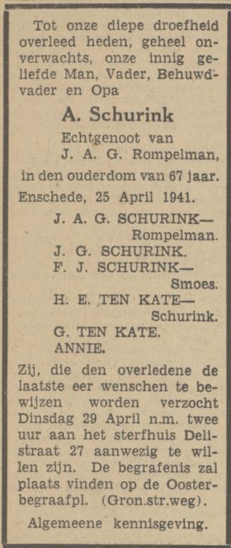 Delistraat 27 A. Schurink overlijdensadvertentie Tubantia 26-4-1941.jpg