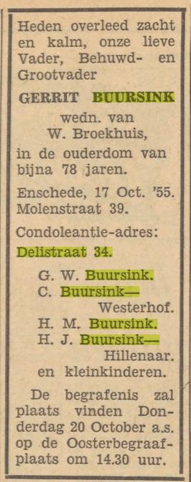 Delistraat 34 Gerrit Buursink overlijdensadvertentie Tubantia 18-10-1955.jpg