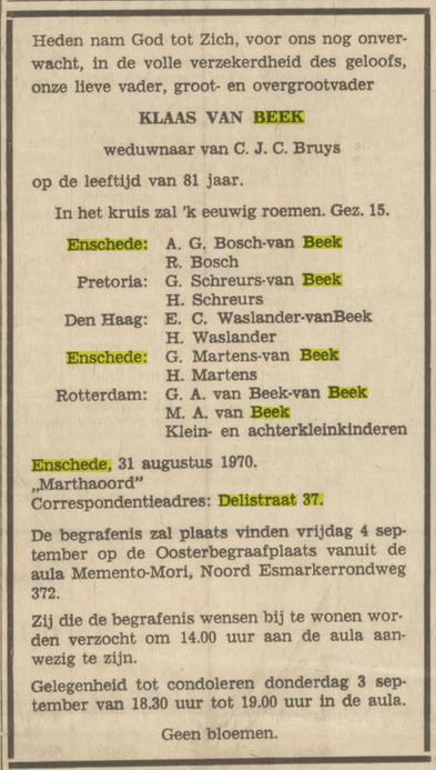 Delistraat 37 Klaas van Beek overlijdensadvertentie Tubantia 1-9-1970.jpg