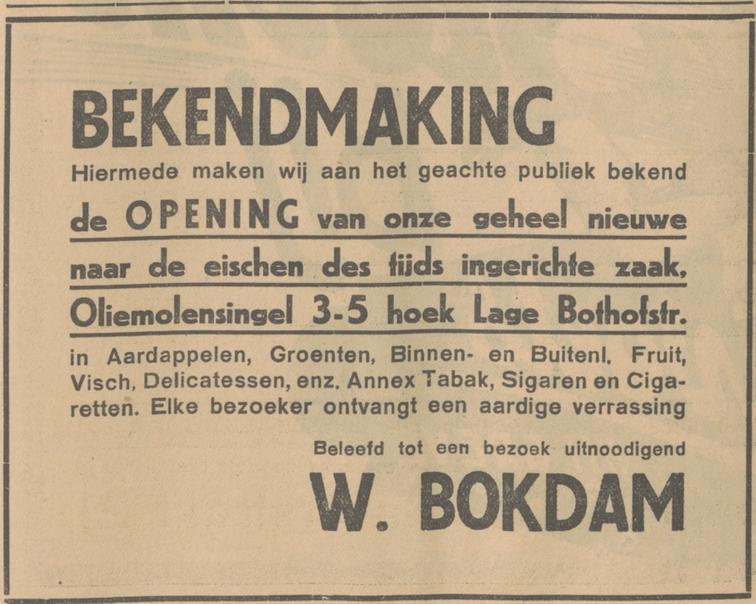 Oliemolensingel 3-5 hoe Lage Bothofstraat opening winkel groente en fruithandel W. Bokdam advertentie Tubantia 24-7-1931.jpg