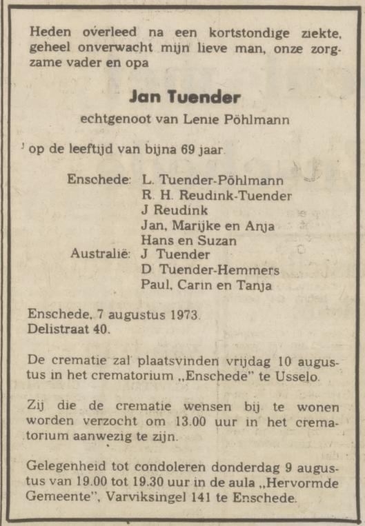 Delistraat 40 Jan Tuender overlijdensadvertentie Tubantia 8-8-1973.jpg