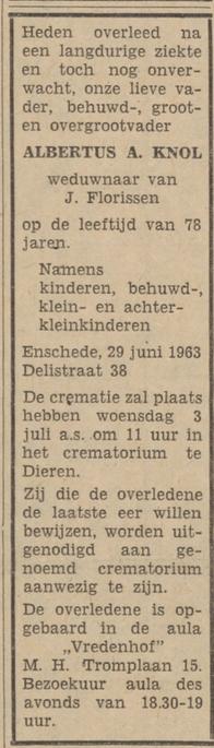 Delistraat 38 Albertus A. Knol overlijdensadvertentie Tubantia 1-7-1963.jpg