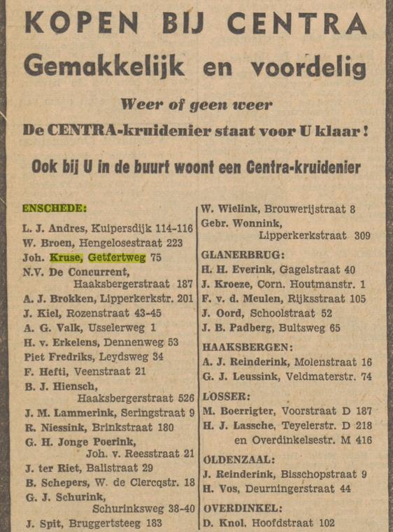 Getfertweg 75 Centra kruidenier Joh. Kruse advertentie Tubantia 29-4-1953.jpg