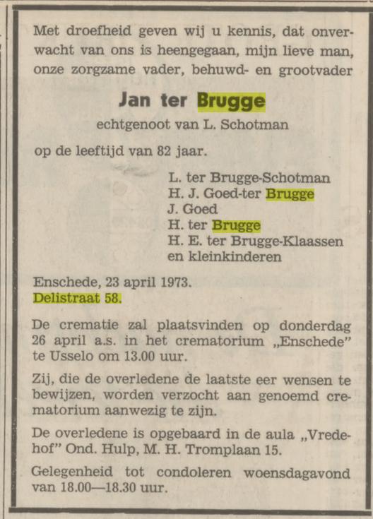 Delistraat 58 Jan ter Brugge overlijdensadvertentie Tubantia 24-4-1973.jpg