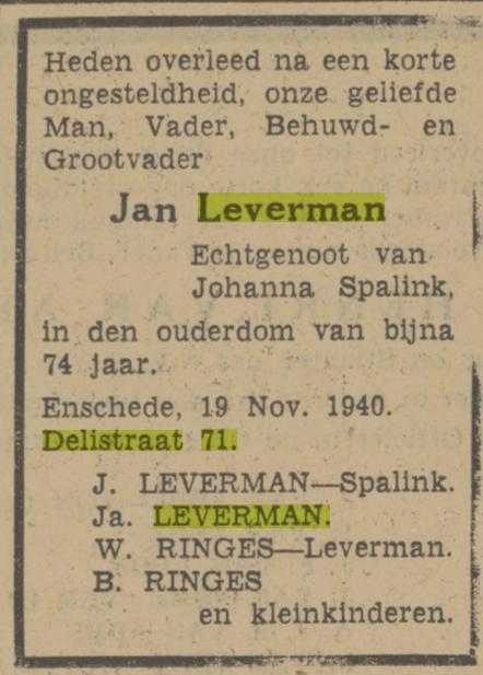 Delistraat 71 Jan Leverman overlijdensadvertentie Tubantia 20-11-1940.jpg