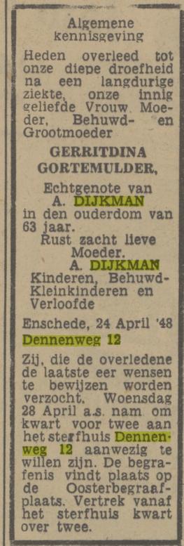 B.W. ter Kuilestraat 12 G. Dijkman-Gortemulder overlijdensadvertentie Tubantia 26-4-1948.jpg