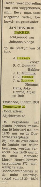 Dennenweg 32 J.H. Bakker overlijdensadvertentie Tubantia 16-2-1968.jpg
