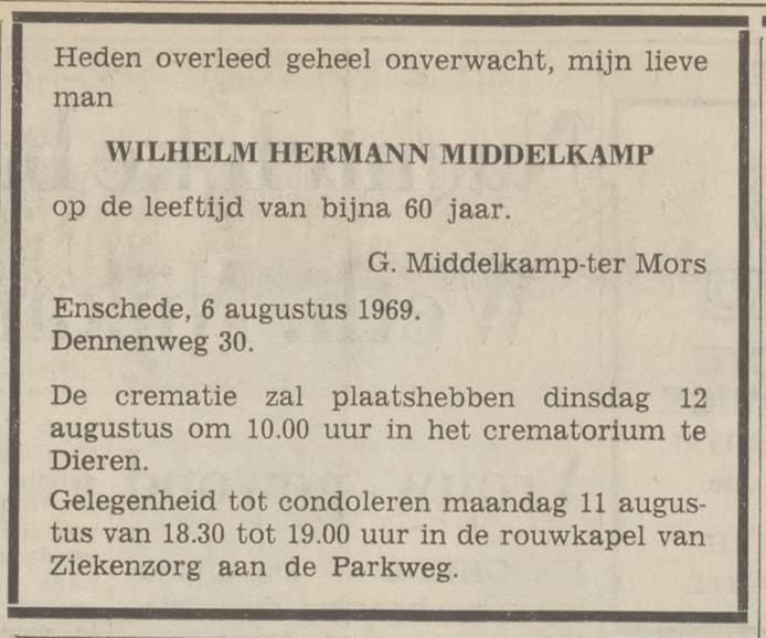 Dennenweg 30 W.H. Middelkamp overlijdensadvertentie Tubantia 9-8-1969.jpg