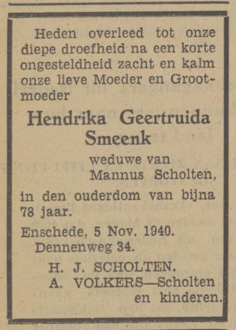 Dennenweg 34 H.G. Scholten-Smeenk overlijdensadvertentie Tubantia 6-11-1940.jpg
