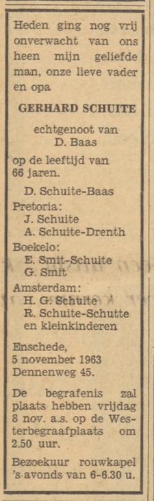 Dennenweg 45 G. Schuite overlijdensadvertentie Tubantia 6-11-1963.jpg