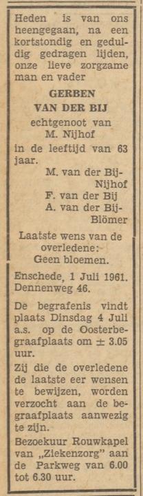 Dennenweg 46 Gerben van der Bij overlijdensadvertentie Tubantia 3-7-1961.jpg