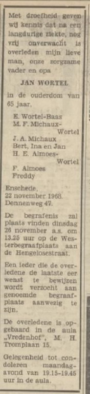 Dennenweg 47 Jan Wortel overlijdensadvertentie Tubantia 23-11-1958.jpg