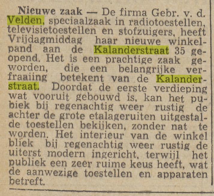 Kalanderstraat 35 Gebr. van der Velden speciaalzaak radio- en televisie krantenbericht Twentsche Courant 20-1-1954.jpg