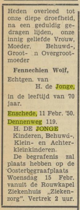 Dennenweg 56 Fennechien de Jonge-Wolf overlijdensadvertie Tubantia 13-2-1950.jpg