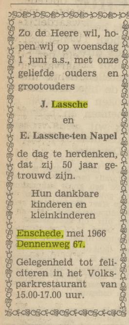 Dennenweg 67 J. Lassche en E. Lassche-ten Napel advertentie Tubantia 28-5-1966.jpg
